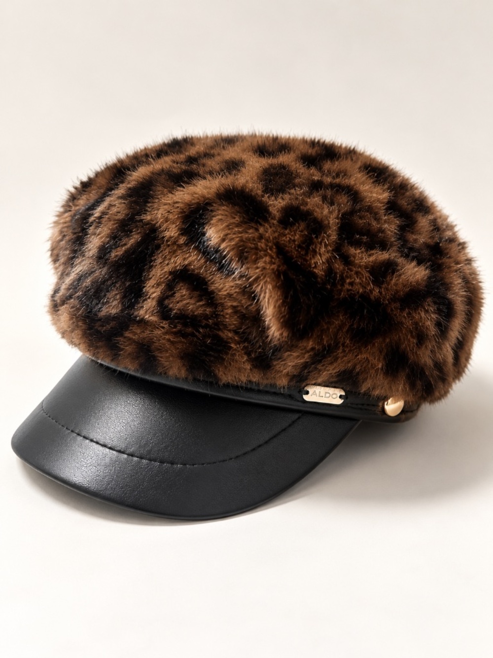 ALDO Leopard Faux Fur Baker Boy Newsboy Cap Black Visor One Size NWT Print